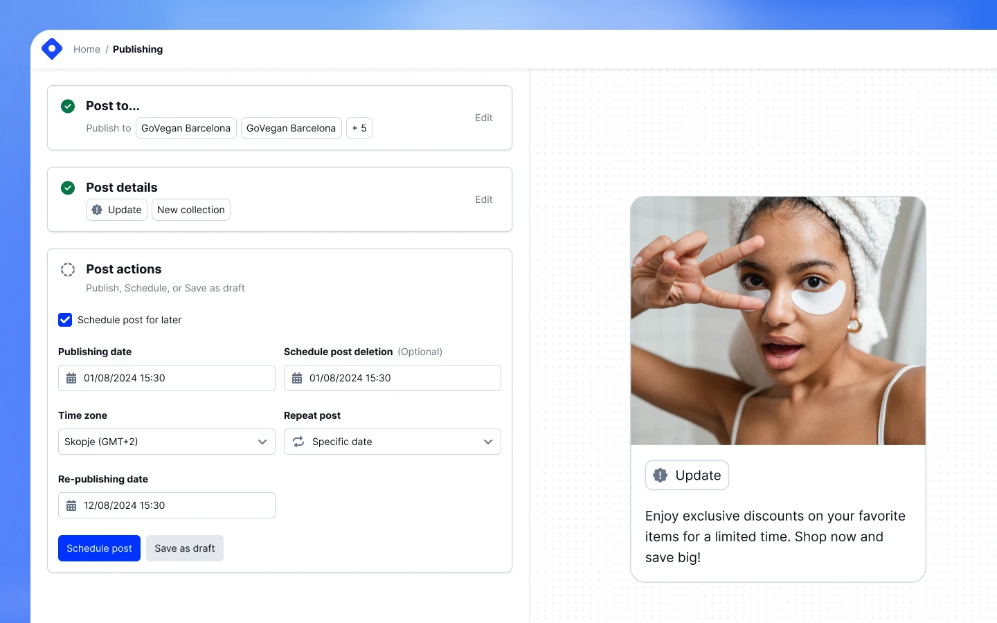 Scheduling settings for a Google Post showing date, time, and expiration options